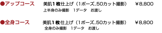 ●アップコース 美肌1枚仕上げ（1ポーズ..50カット撮影） ￥8,800  上半身のみ撮影　1データ　お渡し ●全身コース 美肌1枚仕上げ（1ポーズ..50カット撮影） ￥8,800  全身のみ撮影　1データ　お渡し