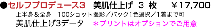 ●セルフプロデュース3　美肌仕上げ3枚 ￥17,700 上半身＆全身　100ショット撮影／バック1色選択／1着まで可 美肌仕上げ3データ　＊プリントはオプションでご用意　